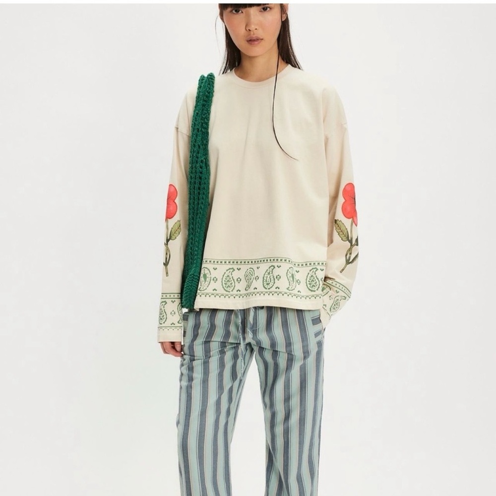 Free People Cream Long Sleeve Tee with Red Floral Design
